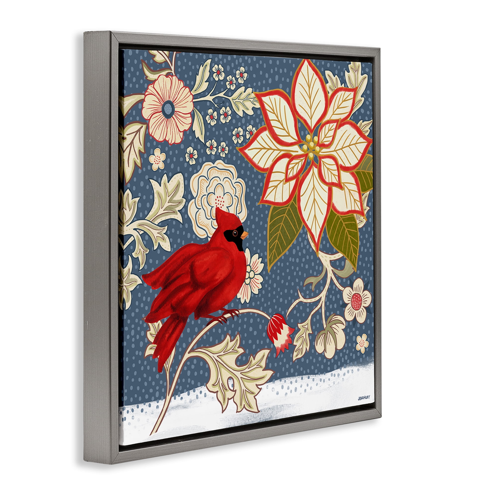 Stupell Industries Winter Cardinal with Flowers Animals & Insects Painting Gray Floater Framed Canvas Art Print Wall Art, 18 x 18