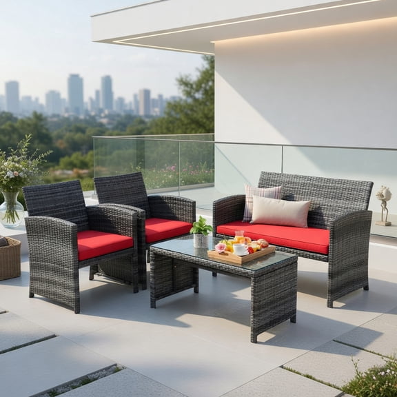 Topcobe 4 Pieces Wicker Patio Furniture Set with Cushions, Wicker Outdoor Sectional, Red