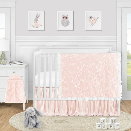 UPC: 0846480079132 | Sweet Jojo Designs Pink Floral Vintage Lace Baby Girl Nursery Crib Bedding Set – 4 pieces – Solid Light Blush Crinkle Crushed Velvet Luxurious Elegant Princess Boho Shabby Chic Luxury Flower Ruffle