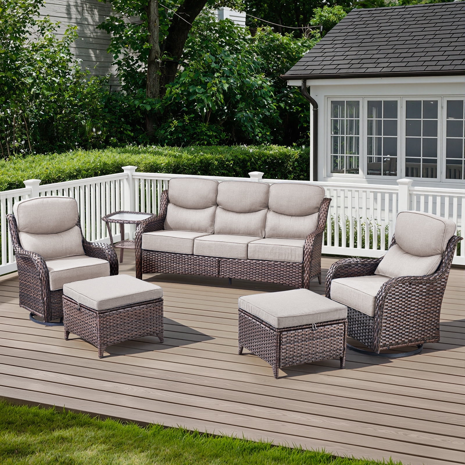 POCASSY 6-Piece Outdoor Patio Furniture Set, 6-Inch Extra Thick Cushions Brown Wicker Conversation Set with Sofa, 2 Swivel Rocking Chairs, 2 Ottomans, Side Table, Beige