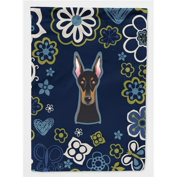 Blue Flowers Doberman Pinscher Garden Size Flag