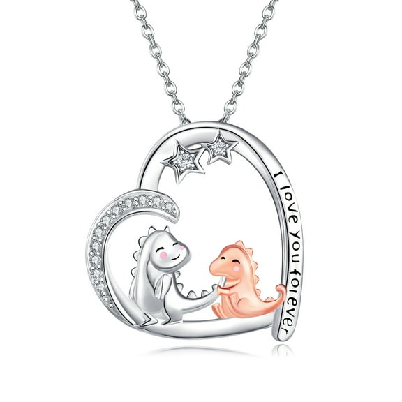 925 sterling silver dinosaur mother-daughter Heart necklace as a jewelry gift for a lady