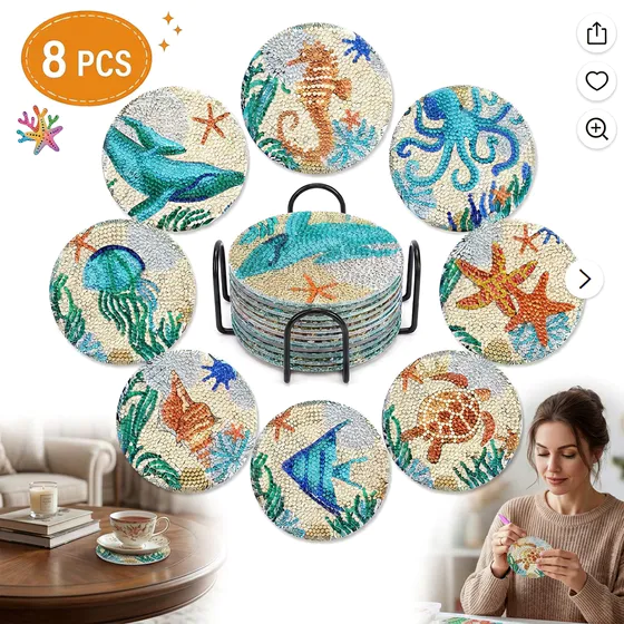 Coaster Diamond Art Kit, Coasters Set of 8 with Holder, Diamond Art Kits for Adults Beginner, DIY Kits for Adults, Arts and Crafts for Adults