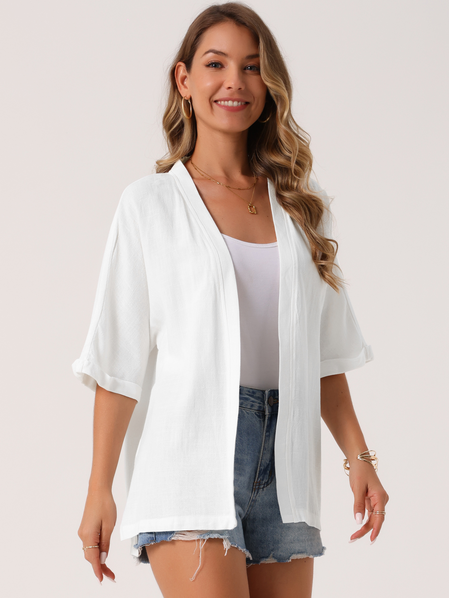 DARING DIVA Kimono Cardigan Open Front Loose Fit Linen Lightweight Shrug M White