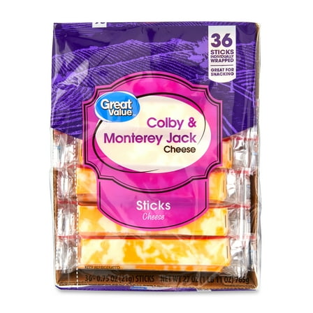 Great Value Colby & Monterey Jack Cheese Snack, 27 oz Bag, 36 Cheese Sticks