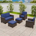 thumbnail image 3 of EAGLE PEAK Ocean Vista 5 piece Patio Variated Brown Wicker Conversation Set Dining Chairs & Loveseat, Blue Cushions, 3 of 9