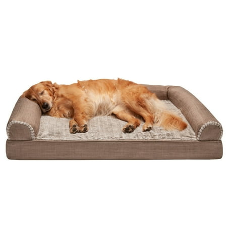 UPC: 0842229126327 | FurHaven Pet Products Luxe Fur & Performance Linen Orthopedic Sofa-Style Pet Bed for Dogs & Cats – Woodsmoke Jumbo