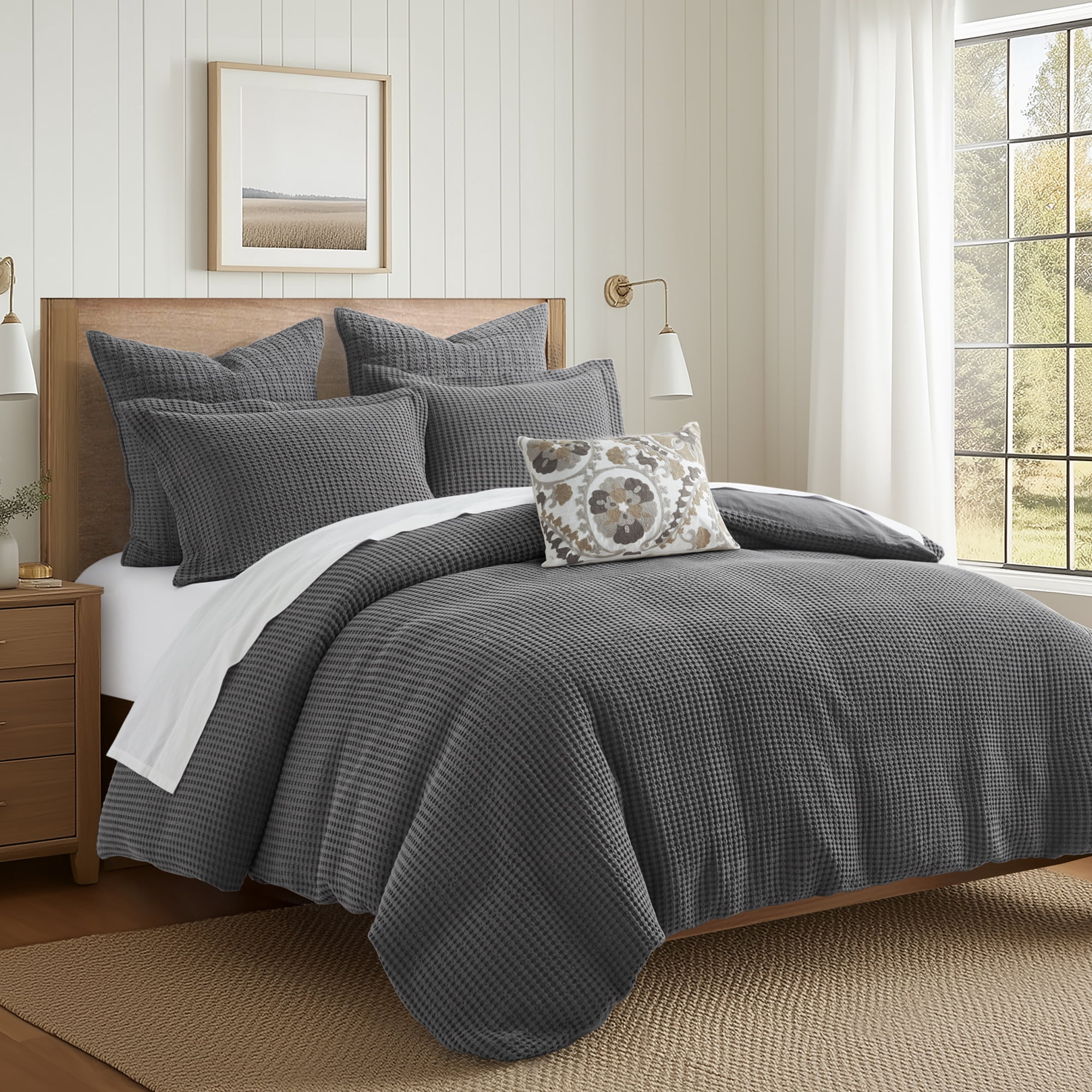 Levtex Home - Mills Waffle Charcoal Duvet Cover Set - Twin Duvet Cover + Two Standard Pillow Cases - Charcoal Waffle Weave - Duvet Cover (68 x 88in.) and Pillow Case (26 x 20in.) - Cotton