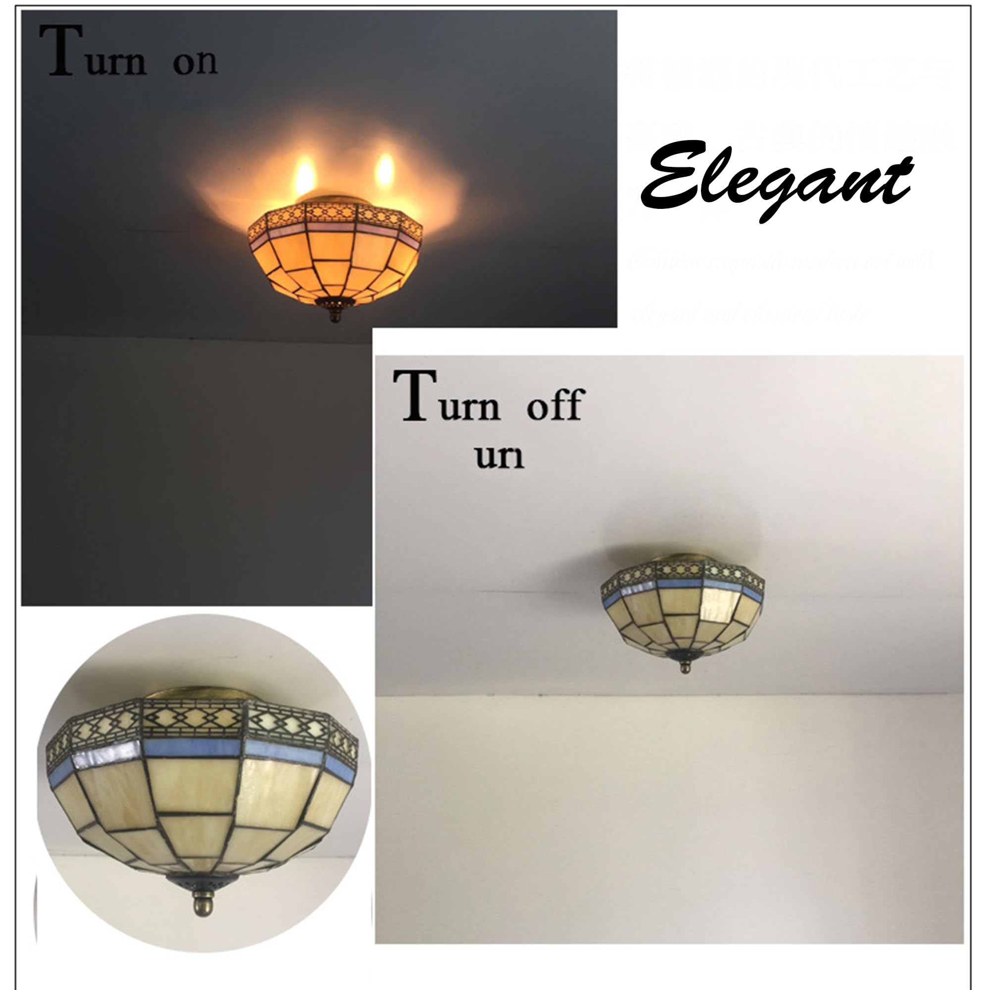 Kiven 9.84in Plug-in Flush Mount Ceiling Light Fixture, 2-Light Anti Glare Close to Ceiling Light with 15FT Cord, Tiffany-Style Glass Chandelier Dimmable for Bedroom Kitchen Foyer(No.3229)