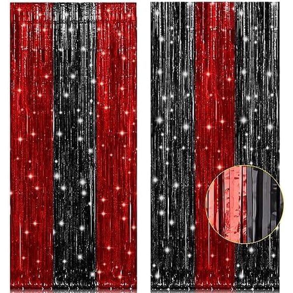 2 Pack 3.2x8.2 Feet Black and Red Foil Fringe Curtains Party Decorations, Tinsel Curtain Backdrop Streamers for Birthday Graduation Fiesta Stranger Theme Halloween Christmas Party Supplies