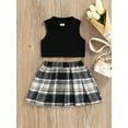 thumbnail image 2 of Faithtur Toddler Girl Fashion Outfits Set, Solid Color Ribbed Sleeveless Tank Tops + Elastic Waist Contrast Color Plaid Pleated Skirt, 2 of 9