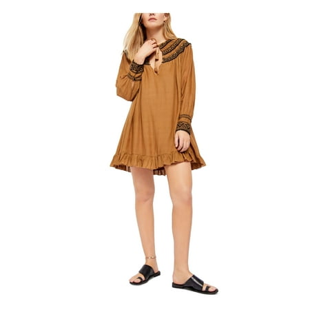 FREE PEOPLE Womens Beige Long Sleeve Keyhole Short Trapeze Dress Size: L\20