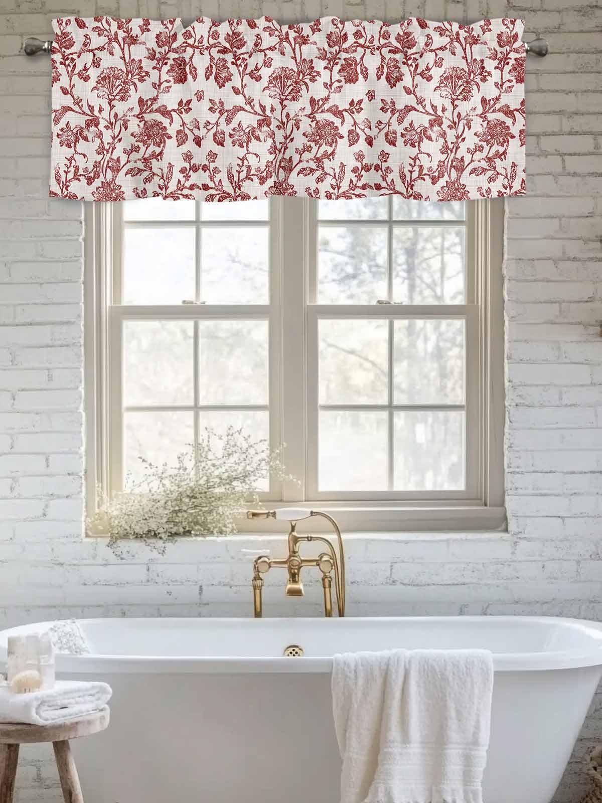 Curtain Valance for Windows, Vintage Rustic Red Flower on Linen Kitchen Valances Rod Pocket Short Curtains, Farm Floral Plant Pattern Window Valance for Bedroom Bathroom Living room 60x18in