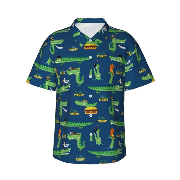 Fotbe Little Pirate Crocodile Camisa Hawaiana para Hombre Unisex – Camisa Casual de Verano con Botones de Manga Corta de Algodón y Lino,3X-Large