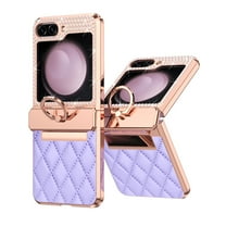 for Samsung Galaxy Z Flip 5 Case Hinge Protection with Finger Ring Holder, Premium PU Leather Hybrid PC All-Inclusive Diamond Bling Phone Case for Samsung Galaxy Z Flip 5 5G, Purple