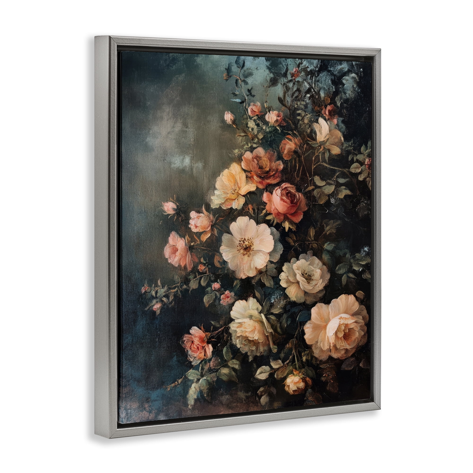 Stupell Industries Dark Rose Florals Plants & Flowers Painting Gray Floater Framed Canvas Art Print Wall Art, 25 x 31