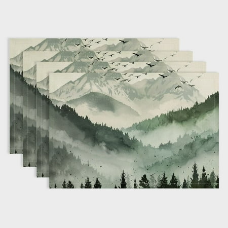 

Shiartex Mountains Birds Trees Linen Table Mats Set of 4 for Dining Home Decoration Heat Insulation Washable 18x12in