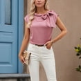 thumbnail image 3 of Plus Shirts for Women Plus Size Solid Color Cap Sleeve Satin Blouse, 3 of 7