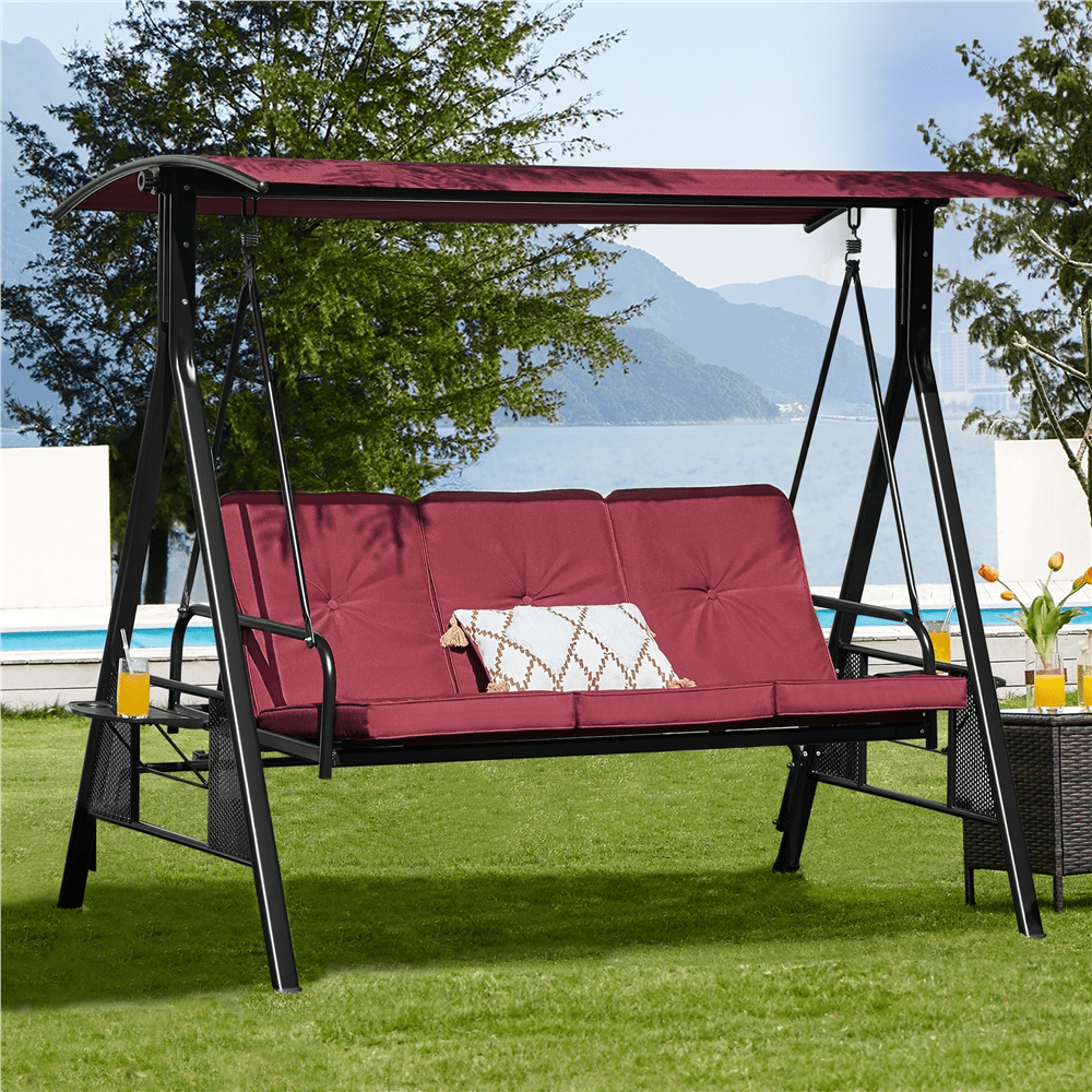 Alden Design 3-Seat Deluxe Swing Chair with Padded Seat Cotton-Padded Seat for Outdoor, Burgundy