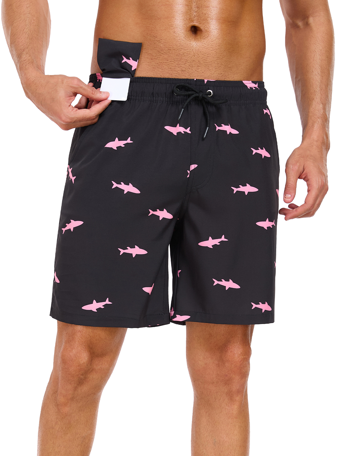 DAKIMOE Men's Swim Trunks with Compression Liner, Shark Print photo 5