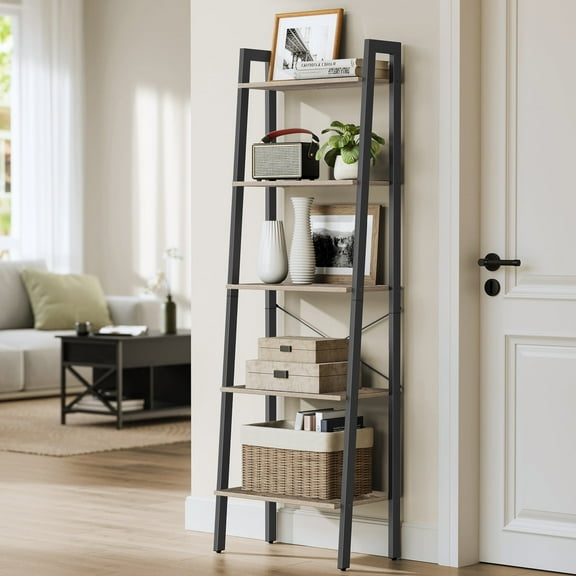 Ladder Shelf, 5-Tier Bookshelf, Storage Rack, Bookcase with Steel Frame, for Living Room Home Office, Kitchen, Bedroom, Industrial Style, Camel Brown   Black