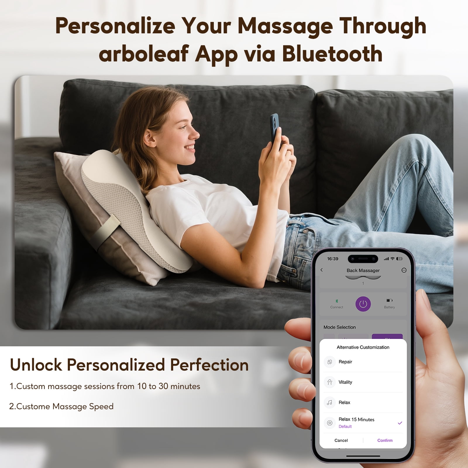 Arboleaf Cordless Shiatsu Back Massager with Heat, Game Day Relief for Soccer Fans – Deep Tissue Relief, Bluetooth App, Father's Day Gift