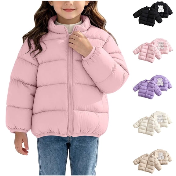 Bovxnpu Girls Winter Puffer Jacket Warm Quilted Jacket Graphic Long Sleeve Hooded Zip Up Padded Jacket Kids Tops