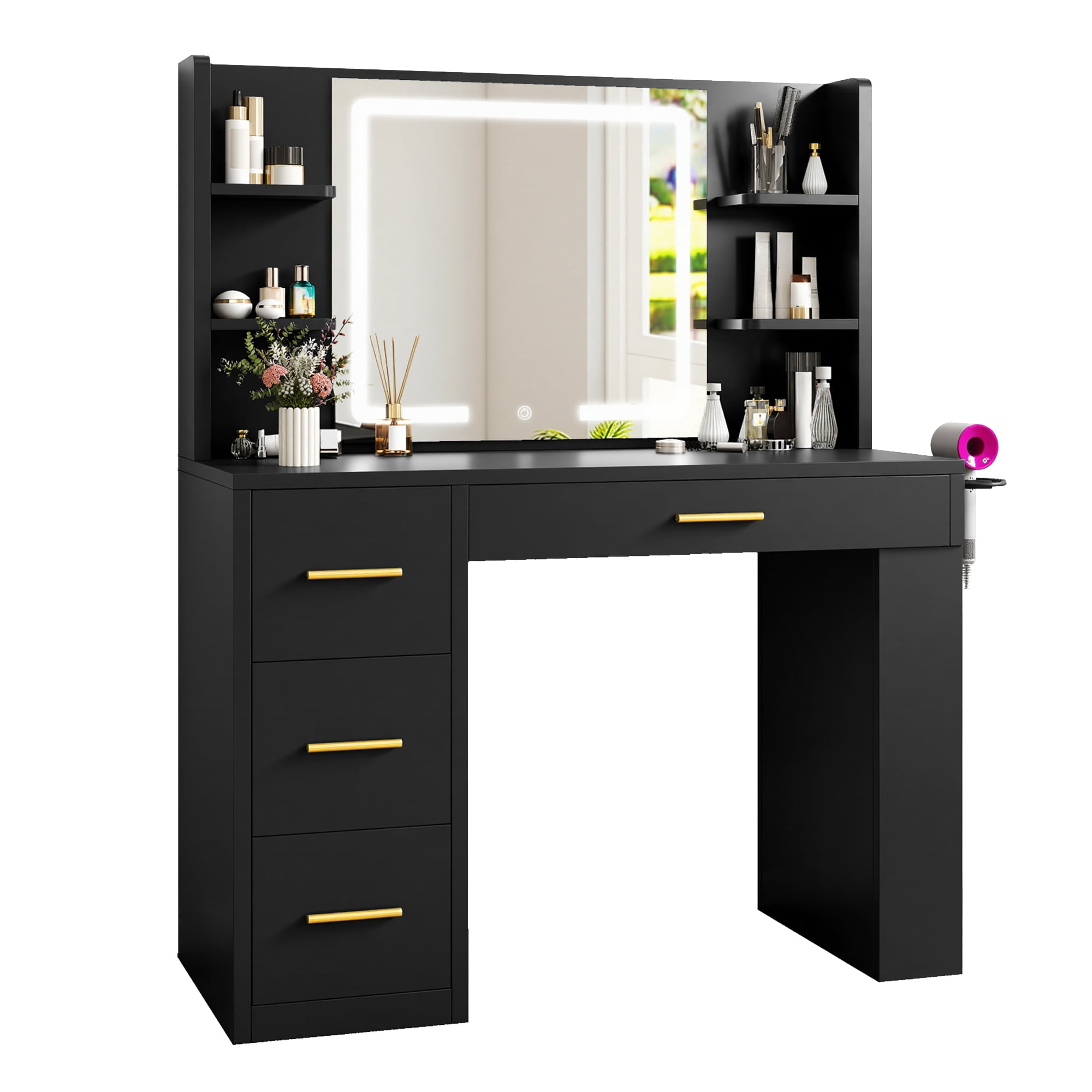 Uforic 40" Black Makeup Vanity Desk with 3-Color LED Mirror, 4 Drawers, 7 Open Shelves, Power Outlets, Hair Dryer Holder & Anti-Tip Safety for Adults
