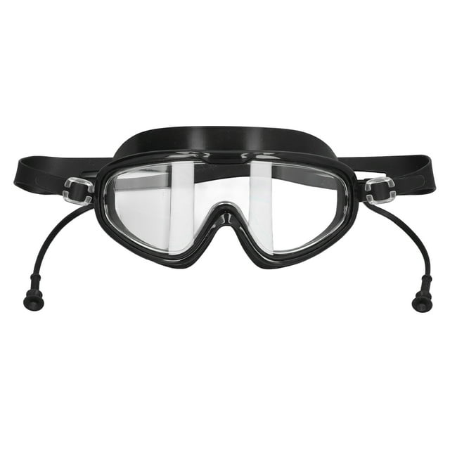 gafas de natación, gafas de natación cómodas y respetuosas con la piel, antivaho para exteriores negro. Vista frontal centrada con lentes transparentes, marco y junta de silicona suave que se ajusta al contorno ocular, diadema y correa ajustable de silicona con hebillas laterales; aptas también para entrenamientos y uso recreativo en piscina.