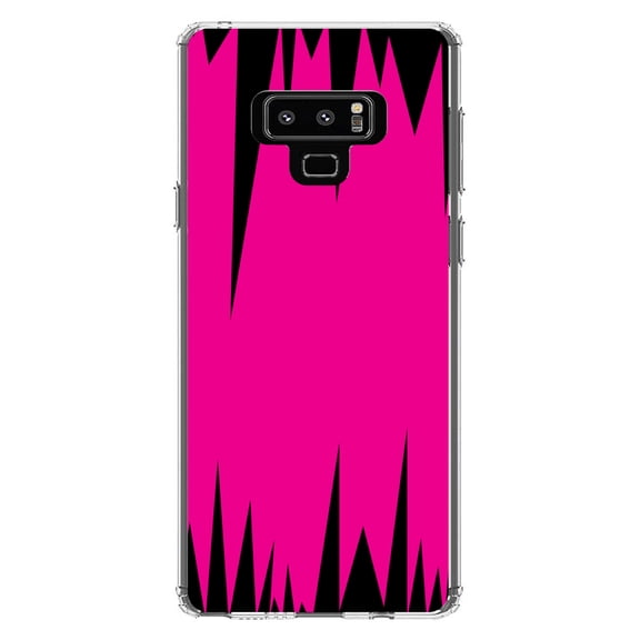 DistinctInk Clear Shockproof Hybrid Case for Samsung Galaxy Note 9 - TPU Bumper, Acrylic Back, Tempered Glass Screen Protector - Neon Pink Black Spikes
