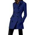 thumbnail image 2 of XPMWRP Women's Double Breasted Mid Long Trench Coat Classic Lapel Windproof Overcoat Solid Color Fall Winter Fashion Jackets with Belt Blue XXXL, 2 of 6