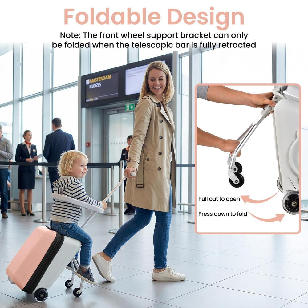 Expandable Kids Ride-On Luggage, 20-Inch Carry-On Suitcase with Shockproof Silent Wheels and Guardrail, 2-in-1 Children's Luggage for Air Travel, Pink