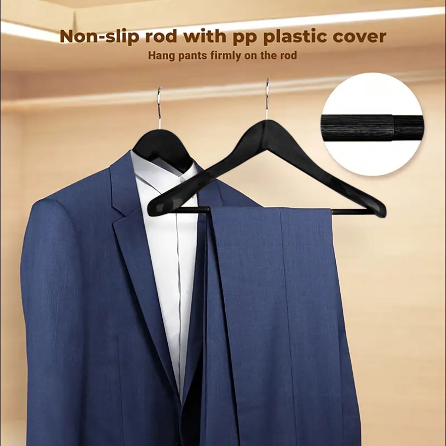 BagDream 8 Pack Wide Shoulder Wooden Suit Hangers with Non Slip Pants Bar, Solid Wood Jacket Clothes Hangers Smooth Finish for Sweater, Pants, Heavy Clothes, Black