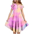 thumbnail image 2 of Qodauz Girls Tie Dye Maxi Dress Summer Short Ruffle Sleeve Crew Neck Layered Dresses for 6-12 Years Pink, 2 of 5