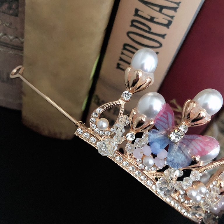 Women Faux Pearl Rhinestone Butterfly Crown Tiara Headband 