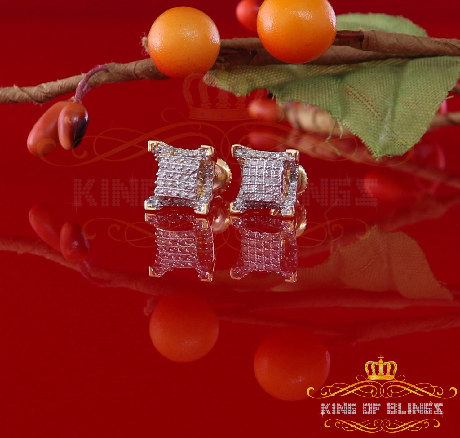King of Bling's 10K Real Yellow Gold Real Diamond 0.25CT Men's/Women's Square Stud Micro Earring