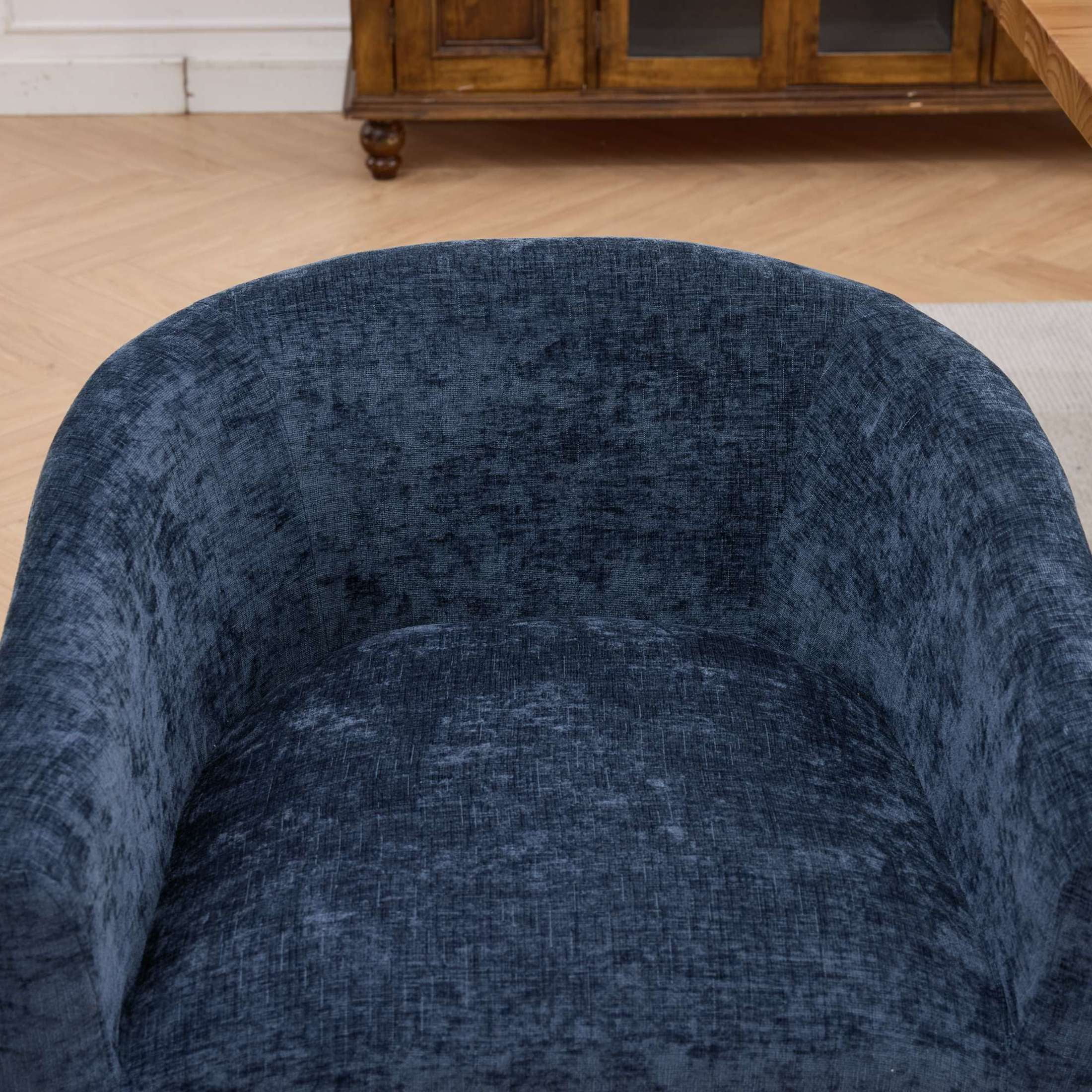Noble House Barrel Dining Chair with Arms, Chenille Upholstery, Rubberwood Frame, Blue