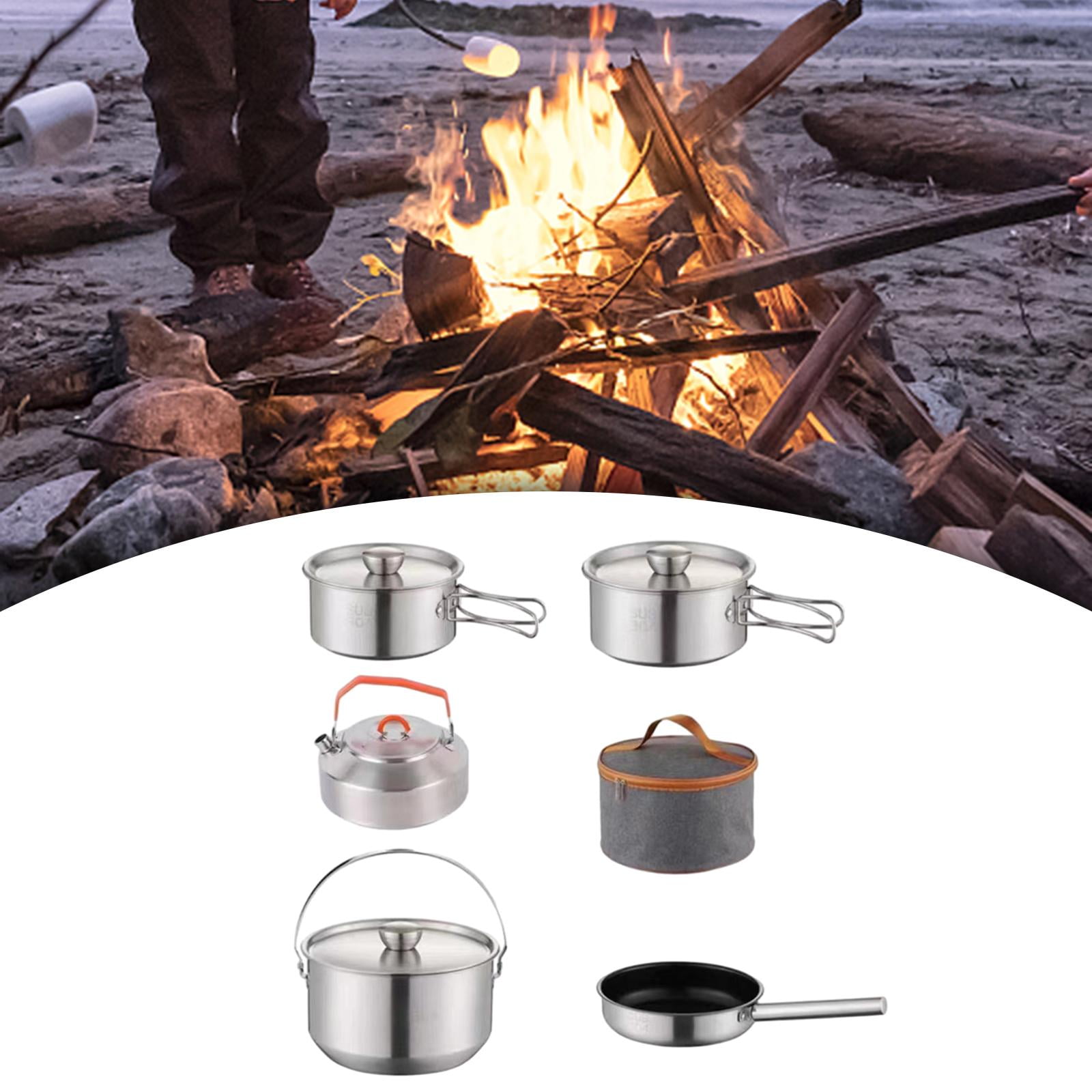 Wswqop Camping Cookware Kit Stainless Steel Portable Utensils Tableware Cooking Set for with kettle