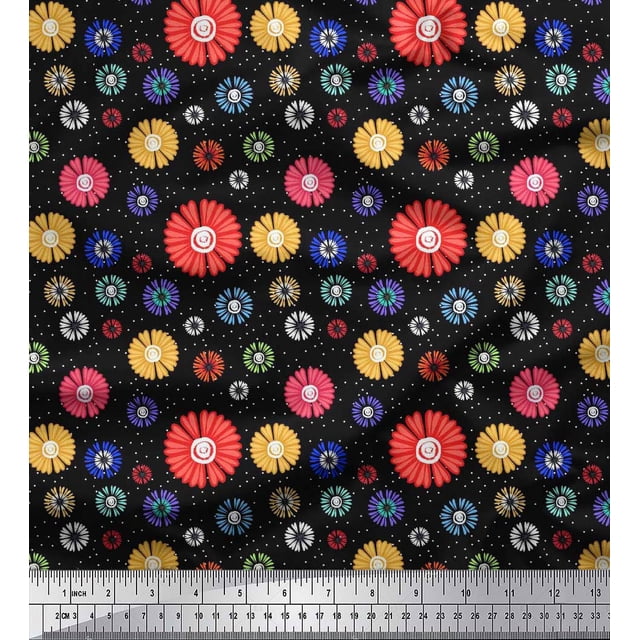 Soimoi Black polyester Crepe Fabric Dots & Aster Floral Print Sewing Fabric Yard 52 Inch Wide