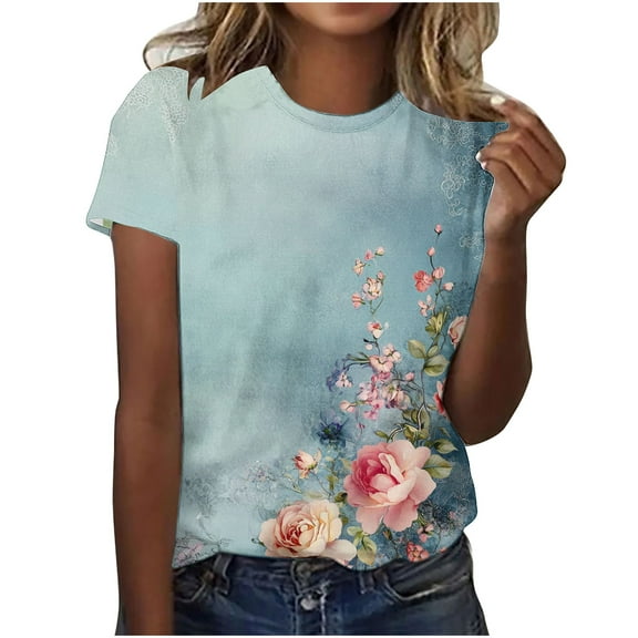 Ladies Retro Tee Round Neck Tops Floral Printed T-Shirts Tunic Slim Fits Blouses Women's Casual Comfortable Outwear Classic Trendy Shirts