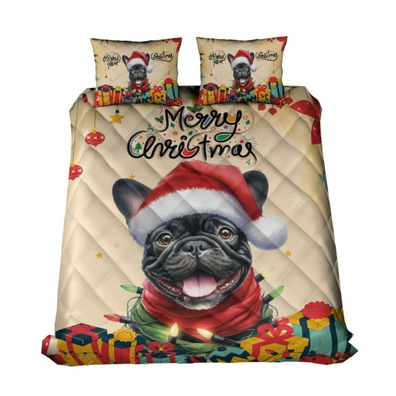 Merry Christmas Santa French Bulldog Scarf Twinkling Lights Xmas Holiday Quilt Bedding Set Dog Lover Gifts 1 Blanket Bed Cover 2 Pillowcases - 00022