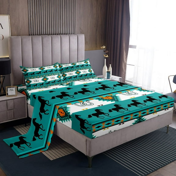 Erosebridal Teal Western Sheet Set Twin , Rustic Farmhouse Aztec Bedding Sets Twin Size, Horse Horseshoes Bedroom Decor 3pcs
