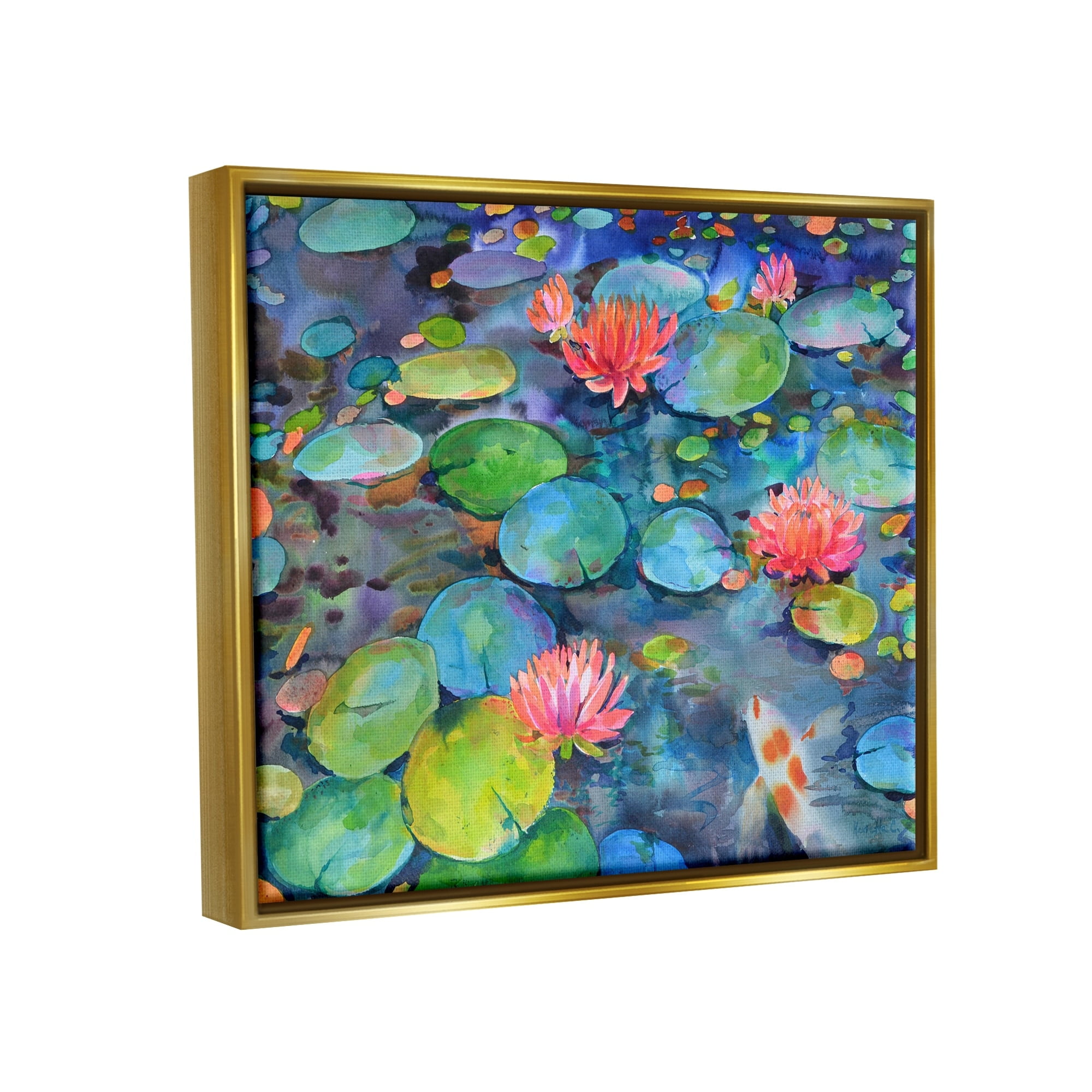 Stupell Industries Vivid Pond Lily Lotus Blossom Koi Fish Pond Painting Metallic Gold Floating Framed Canvas Print Wall Art, Design by Marietta Cohen Art and Design