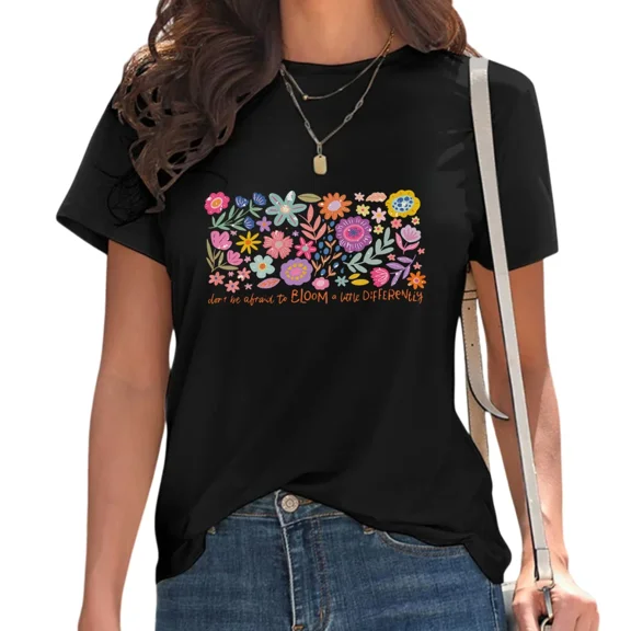 UNISHE Women's Don't Be Afraid to Bloom a Little Differently Graphic Tee Boho Wildflower T-Shirt Black, S