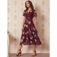 thumbnail image 7 of Womens Burgundy Floral Print V-Neck Short Sleeve Midi Dress, 7 of 7