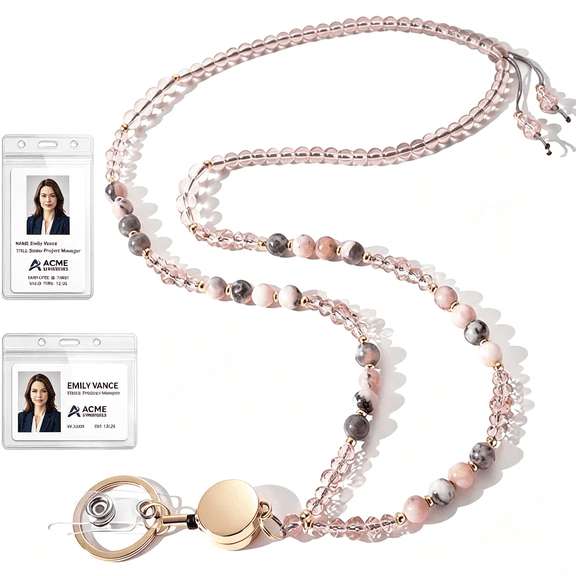 BSFUWK Beaded Lanyard for Id Badges and Keys,Durable Reinforced Cord with Badge Holder,Natural Stone and Glass Crystal Beads (Beaded Lanyards for Id Badges Pink)