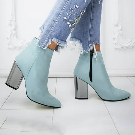

YTJX Women High Heel Flock Solid Ankle Boots Pointed Toe Zipper Casual Shoes