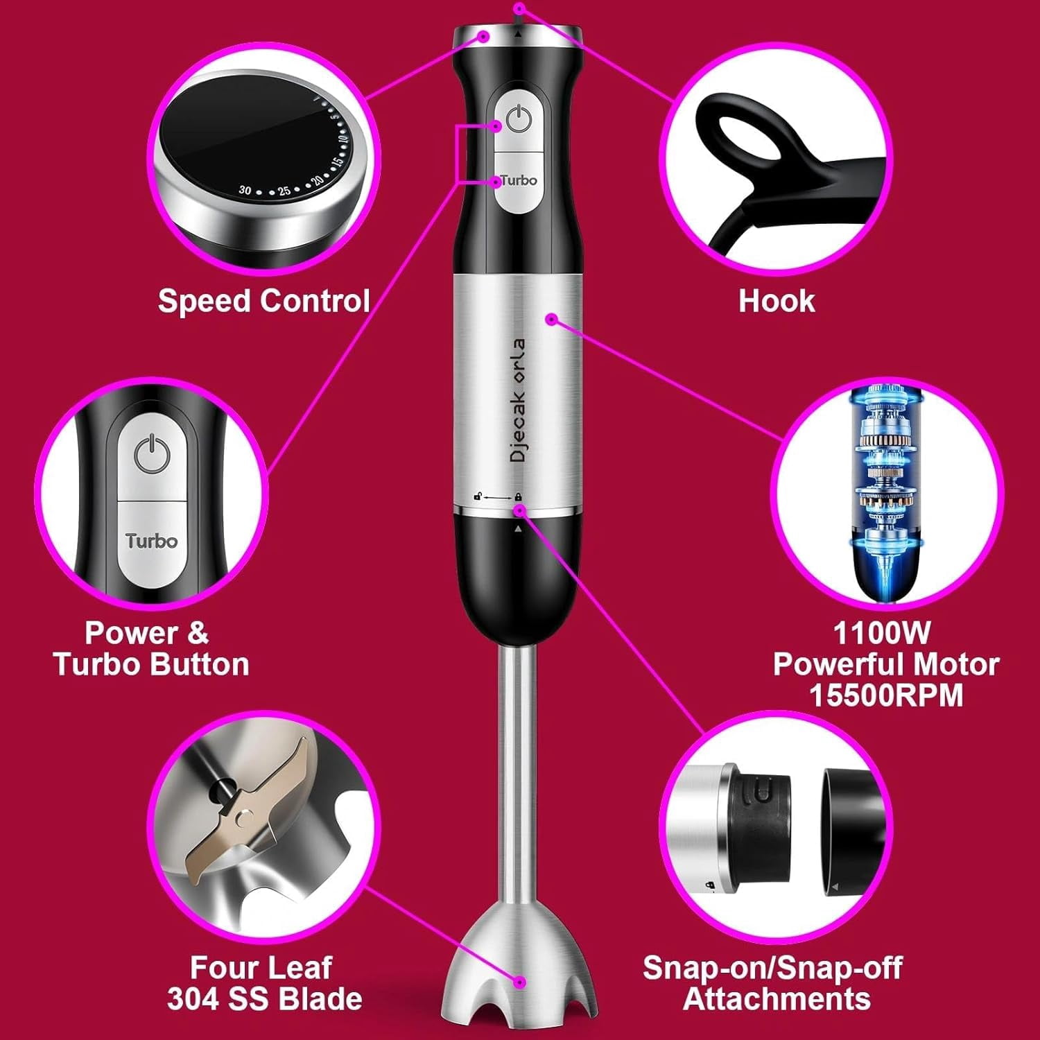Upgraded 1100W 5-in-1 Immersion Hand Blender with 30 Speed Settings and Milk Frother