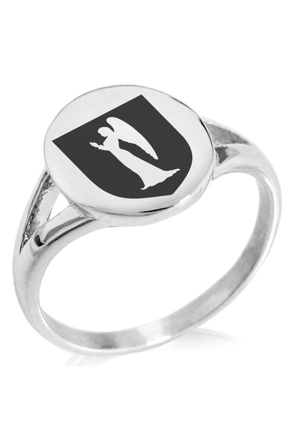 Stainless Steel Angel Divinity Coat of Arms Shield Minimalist Oval Top Polished Statement Signet Ring