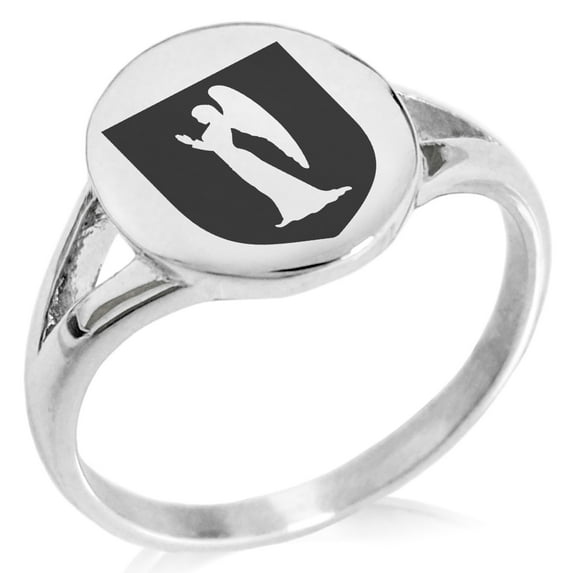 Stainless Steel Angel Divinity Coat of Arms Shield Minimalist Oval Top Polished Statement Signet Ring